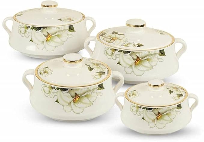 Complete Nayasa stainless steel casserole set with floral designs arranged neatly on a dining table.