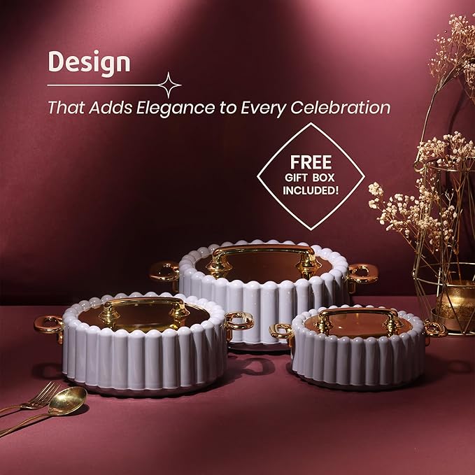 Selvel insulated casserole with ridge pattern and gold-finish handles placed elegantly on a dining table